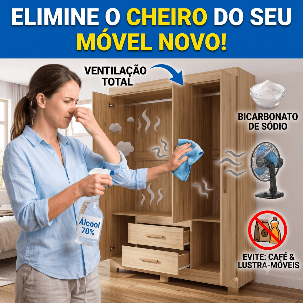 Pessoa limpando guarda-roupa aberto com álcool 70%, potes de bicarbonato e ventilador para eliminar cheiro de móvel novo
